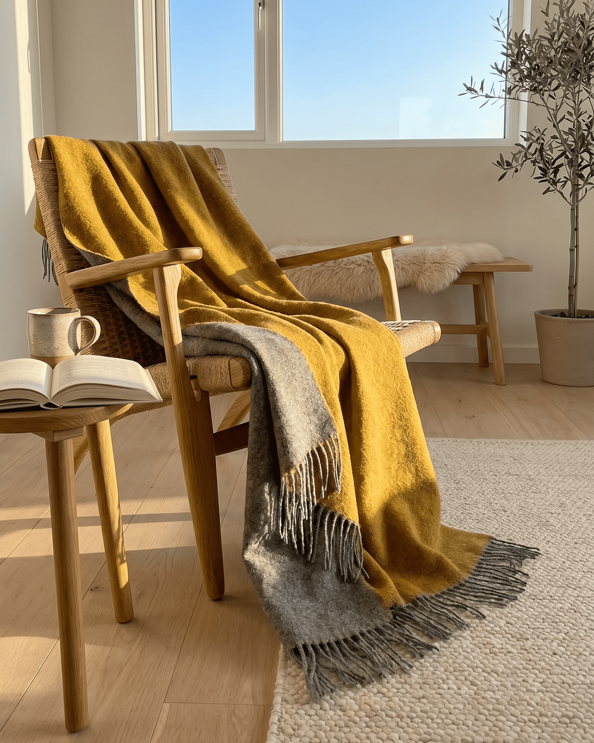 Plaid en laine 140 x 200 cm - Jaune/Gris