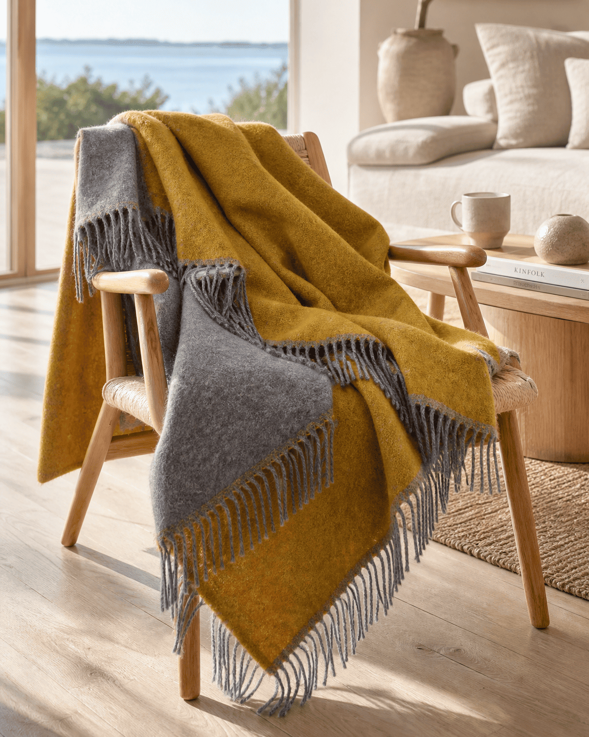 Plaid en laine 140 x 200 cm - Jaune/Gris