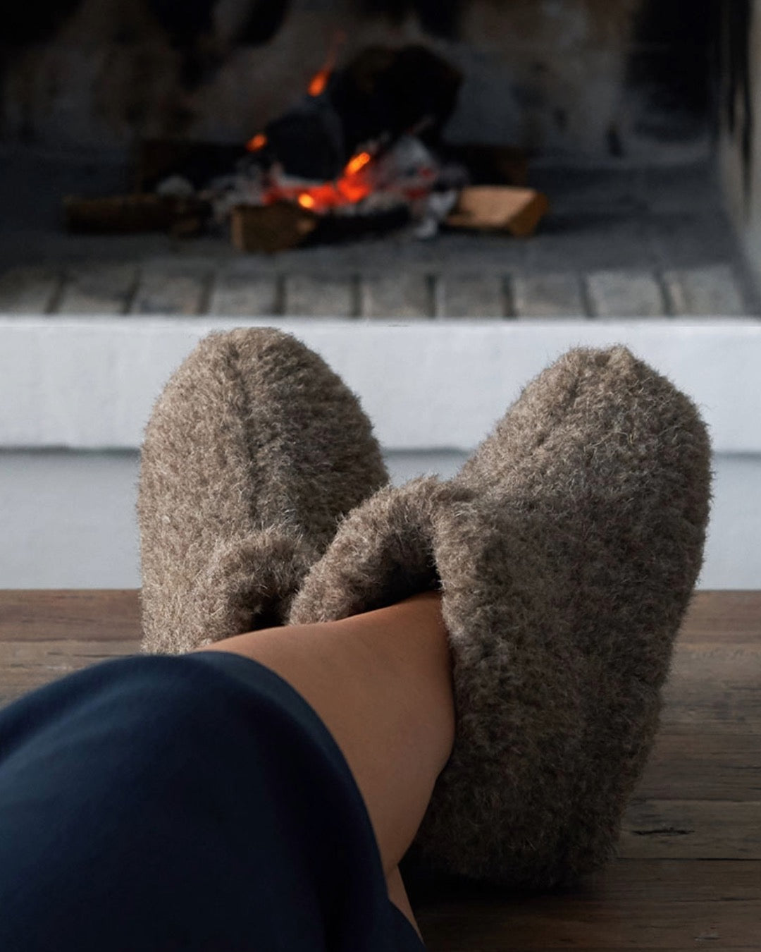 Chaussons en laine - Gris foncé/Marron (Modèle haut)