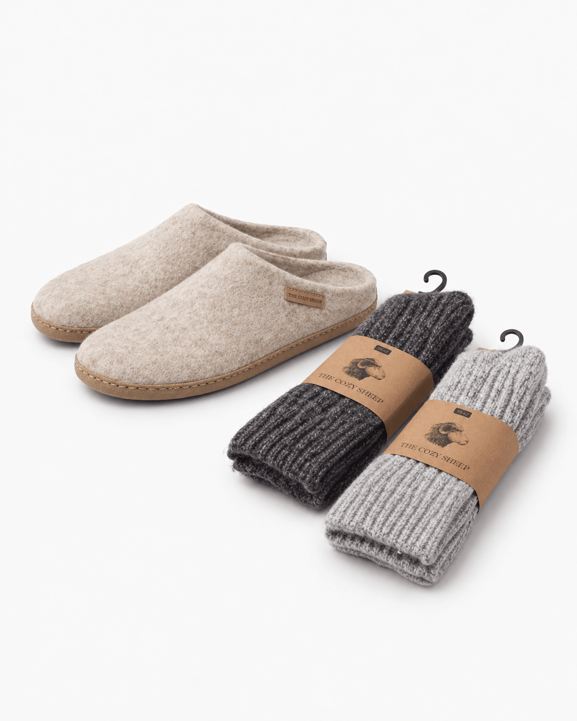 Pakketilbud: Tøfler m. skindsål + 2 par uldstrømper - The Cozy Sheep