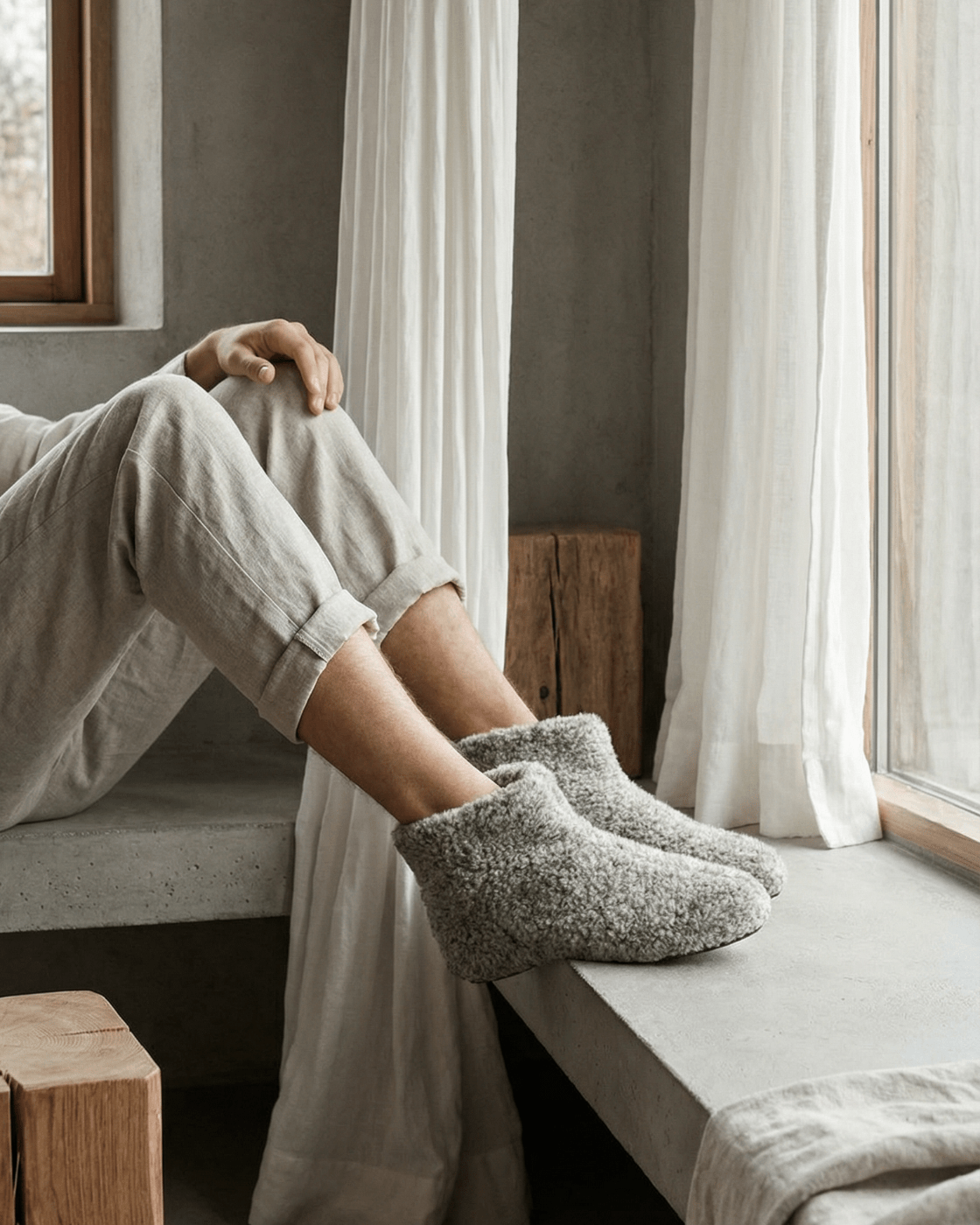Chaussons en laine - Gris clair (Modèle haut)